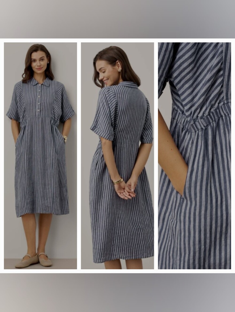 NWT-LINTICO Cassandra linen Striped Short Sleeves Shirt Dress In Navy L